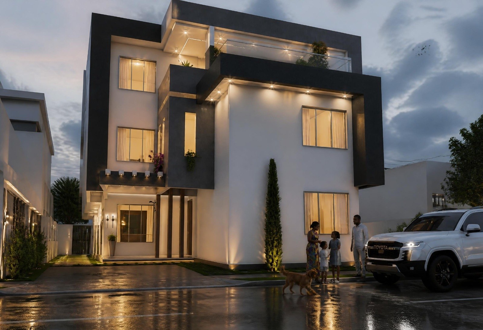 Avant-projet 3D d'une villa contemporaine éclairée au crépuscule