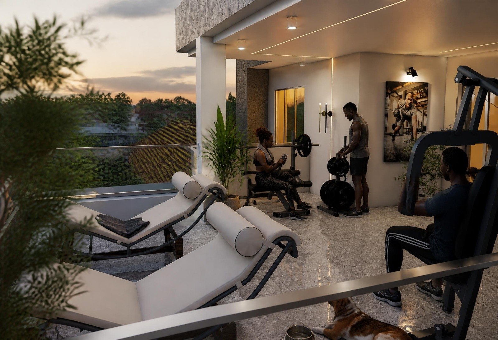 Avant-projet 3D d'une terrasse panoramique aménagée en espace de sport