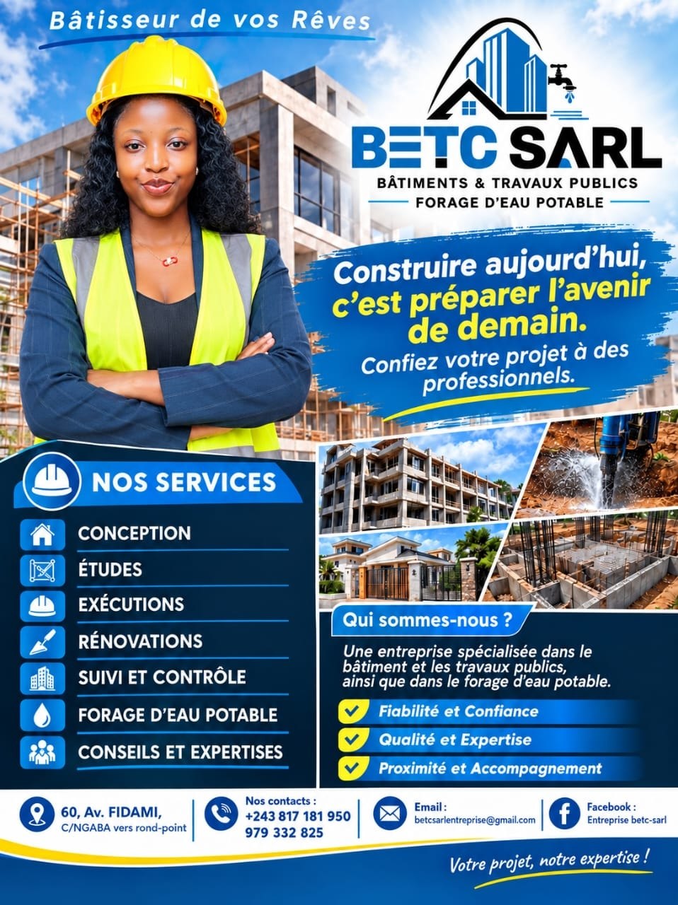 Affiche BETC SARL - Bâtisseur de vos rêves, bâtiments et travaux publics, forage d'eau potable