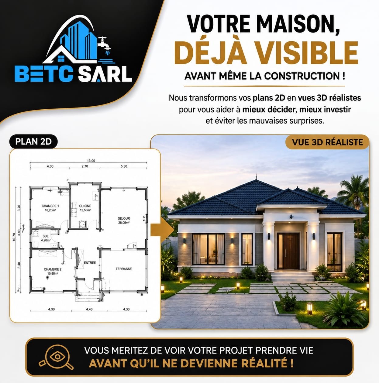 Affiche BETC SARL - Modélisation 3D de plans 2D