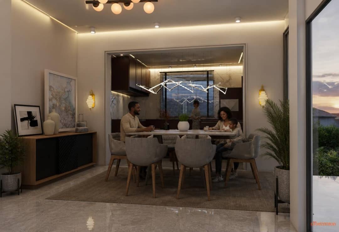 Avant-projet 3D d'un séjour avec cuisine ouverte et salle à manger