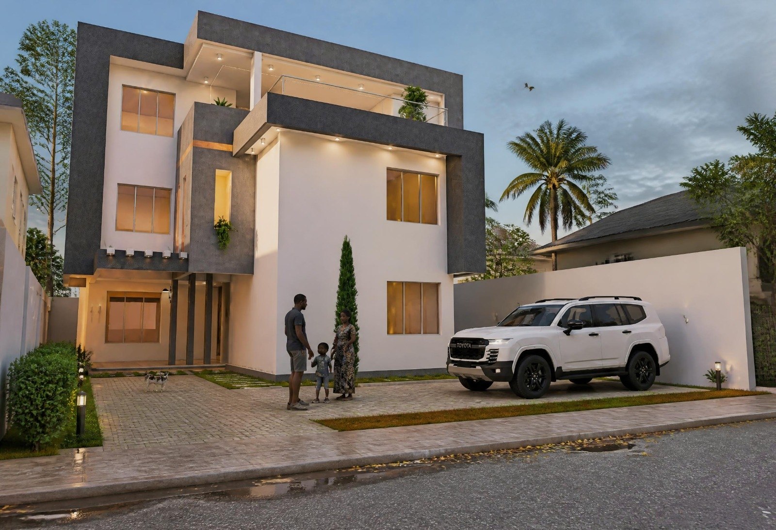 Avant-projet 3D d'une villa moderne avec cour pavée et véhicule