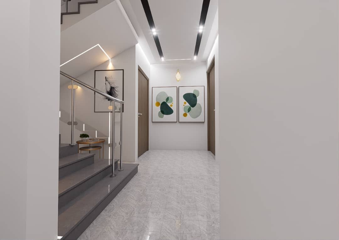 Avant-projet 3D d'une circulation intérieure avec escalier et sol en marbre